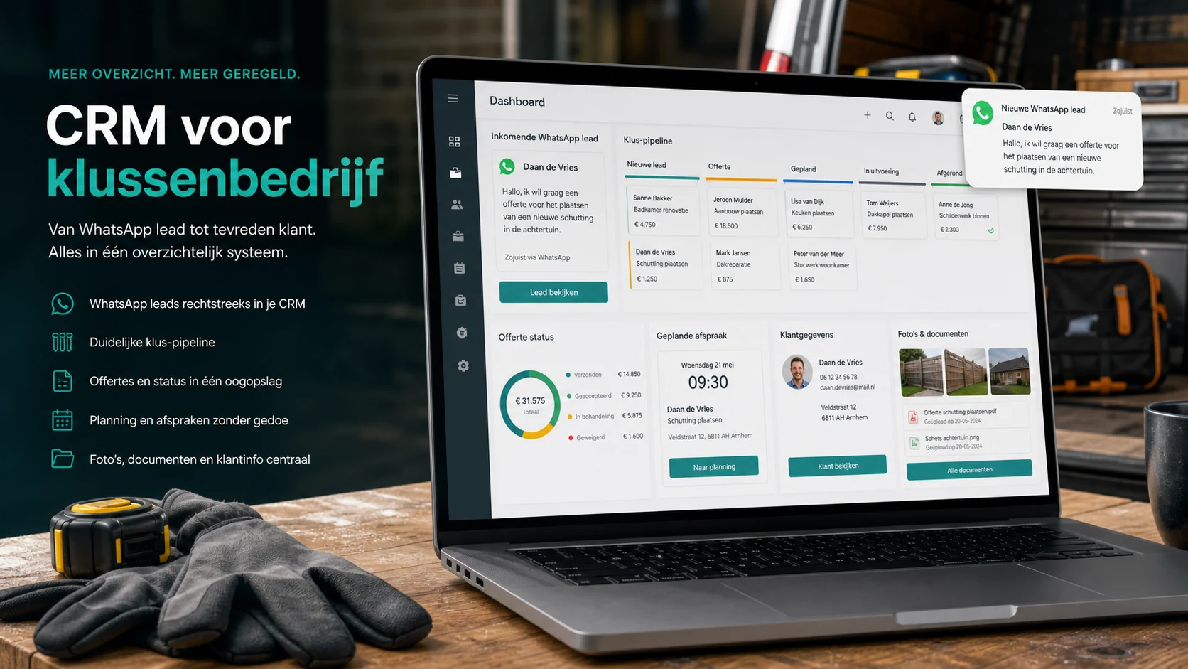 CRM dashboard voor een klussenbedrijf met leads, offertes, planning en klantdossier
