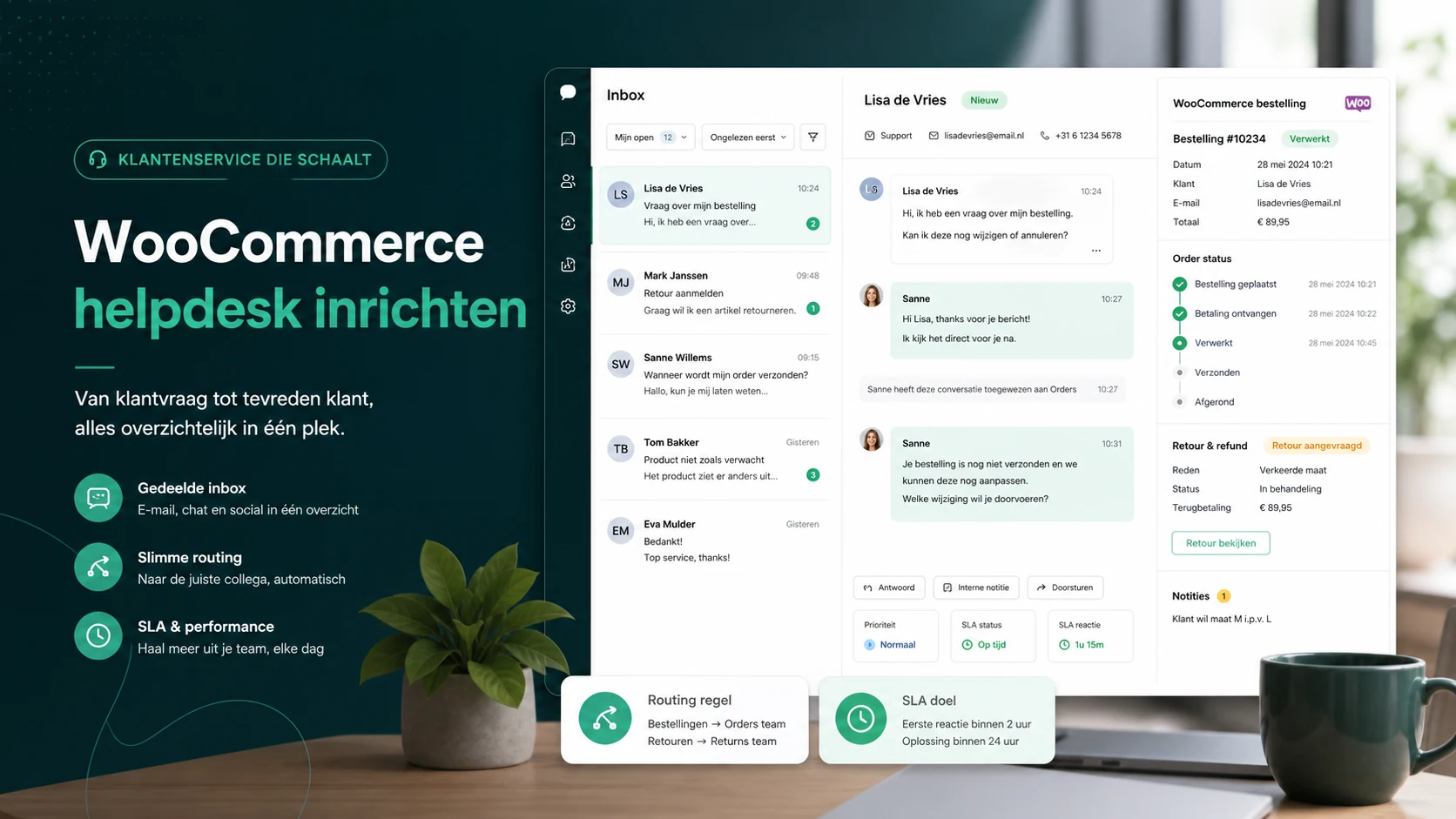 WooCommerce helpdesk met ordercontext, klantgeschiedenis en ticketstatus naast elk gesprek