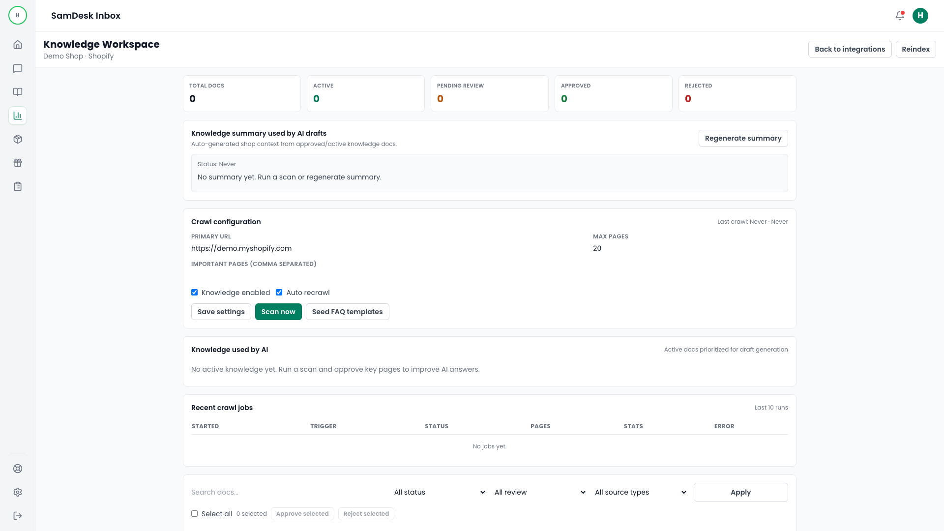 Knowledge workspace instellingen