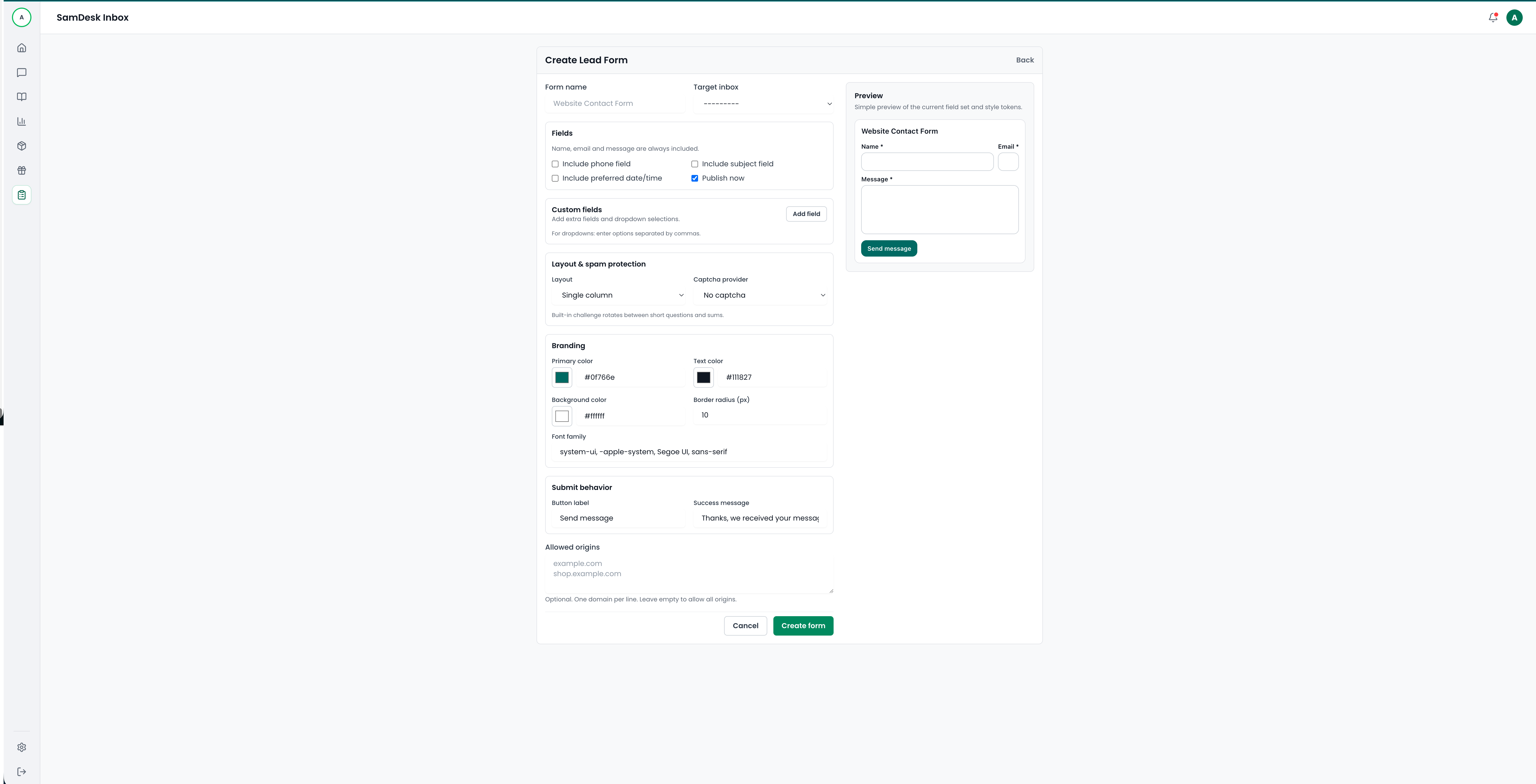 Lead- en contactformulierbouwer met live preview en huisstijlopties