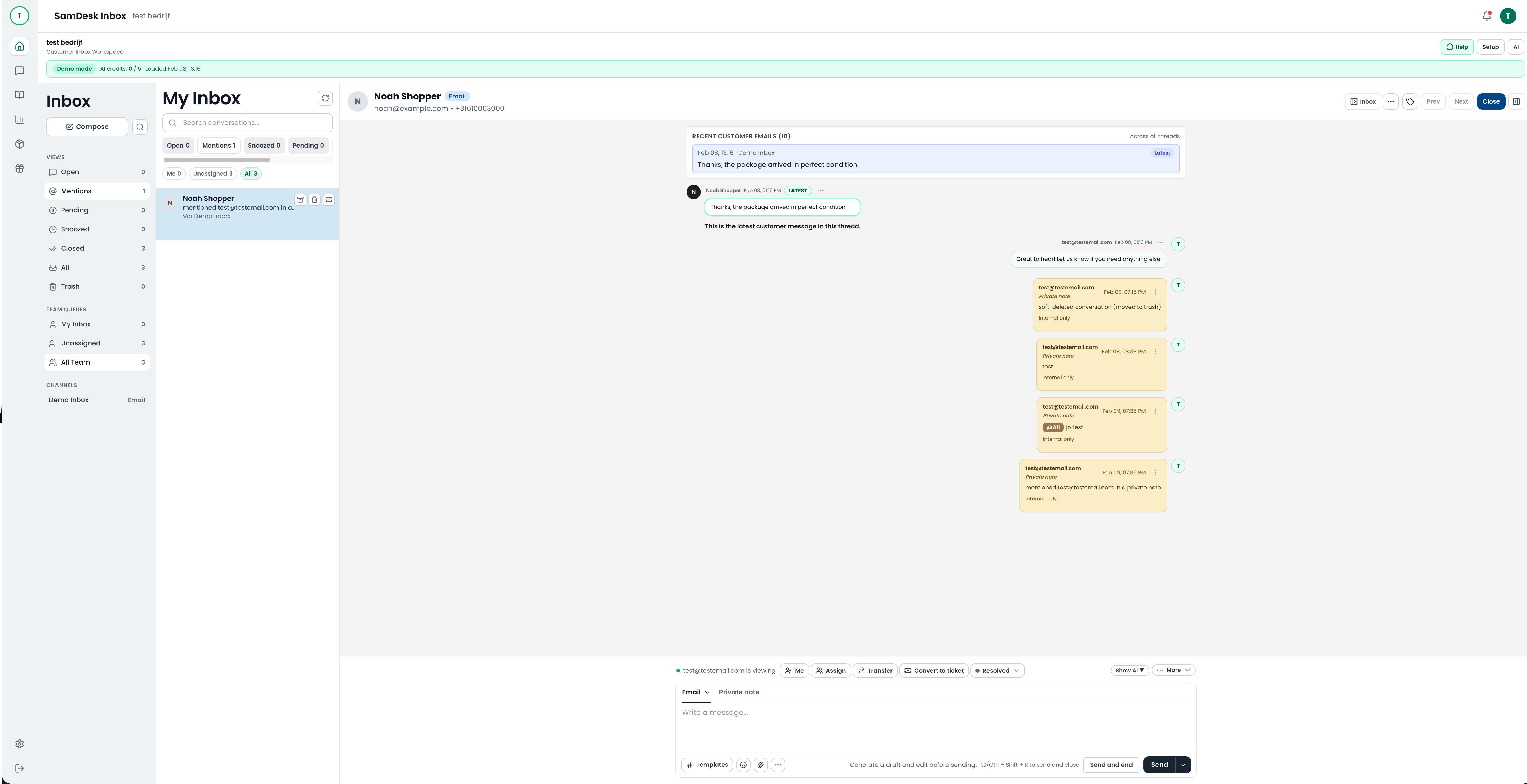 Gespreksthread met vermeldingen en context van interne notities
