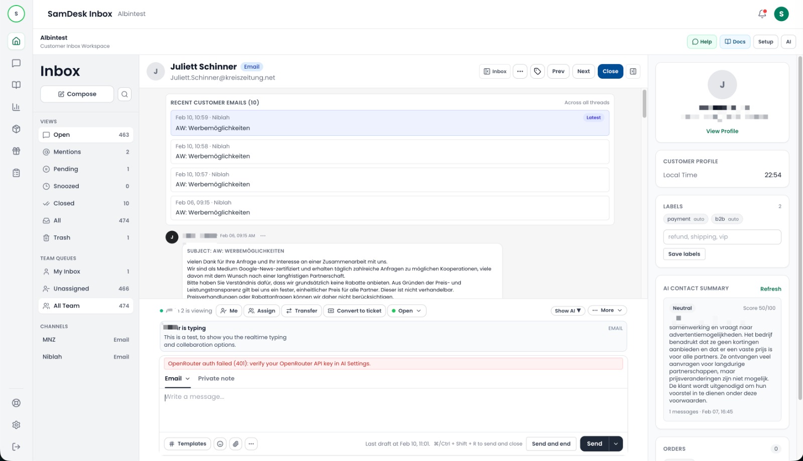 SamDesk realtime composer collaboration met live typing indicatie in de inbox