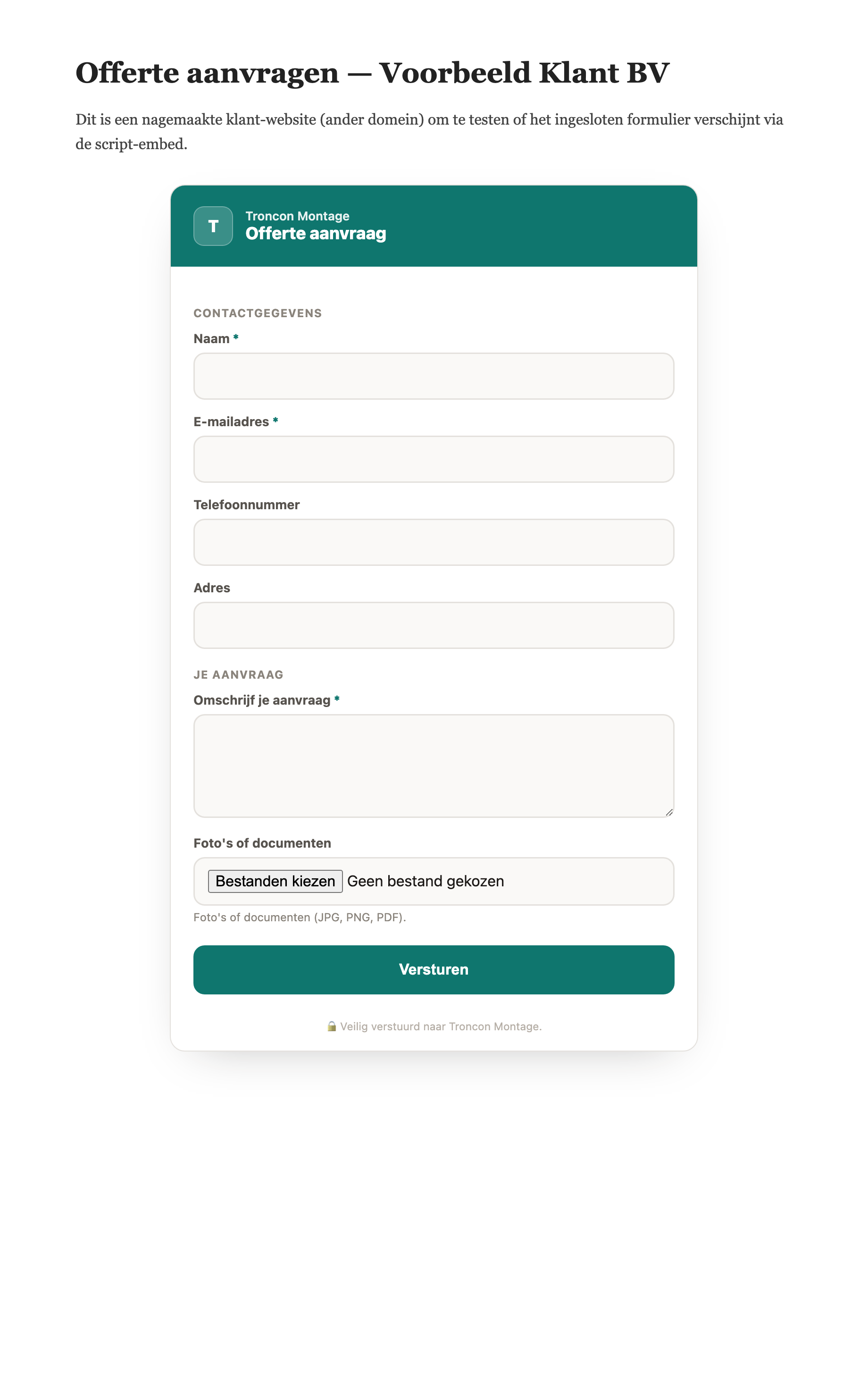 Het offerteformulier ingesloten op een website