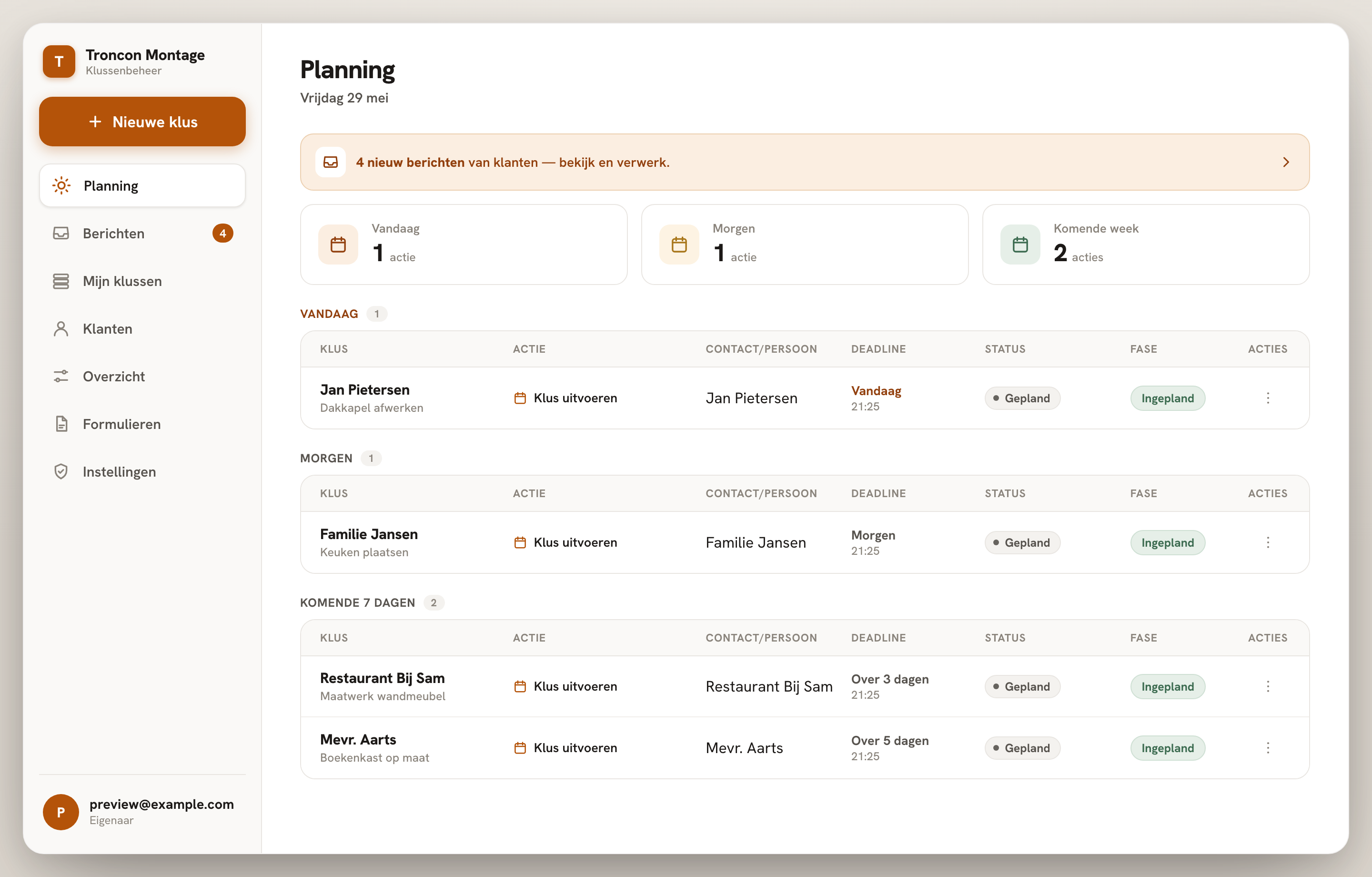 Klussenbeheer planning-scherm met de klussen van vandaag, morgen en komende week